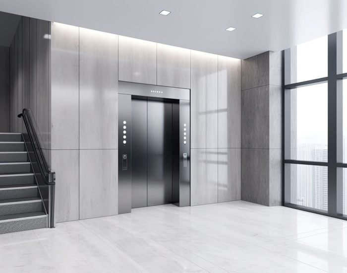 Interior view of a modern elevator. Office or modern hotel hallway, empty lobby interior. Generative AI illustration